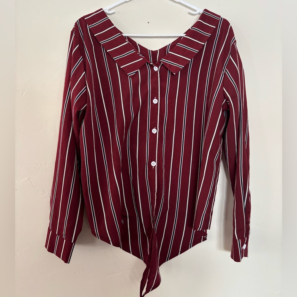 Striped Burgundy Button-Up Blouse